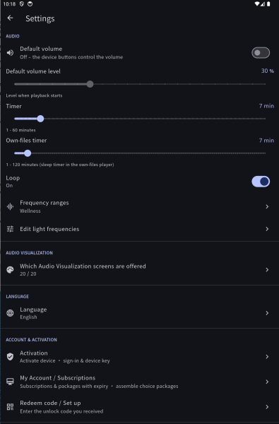 PHYbio Audio Player App – settings